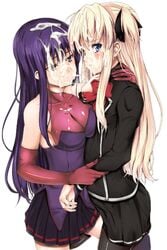 2girls arm_grab blonde_hair blue_eyes blush breasts cleavage cum cum_on_face cum_on_hair elbow_gloves facial female frottage fujioka_toki gloves hair_ribbon highres hug large_breasts long_hair malariya multiple_girls pantyhose photoshop_(medium) purple_eyes purple_hair quiz_magic_academy ribbon school_uniform shalon skirt smile two_side_up yuri