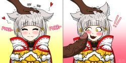 2_panel_comic big_penis black_penis blush cat_ears catgirl dark-skinned_male english_text fangs grey_hair head_pat heart interracial nia nia_(xenoblade) penis_on_cheek penis_on_face petting purring short_hair sinnerspatz surprised surprised_expression veiny_penis xenoblade_(series) xenoblade_chronicles_2