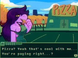 1girls anthro apron apron_only big_breasts breasts deltarune dialogue dress eyes_visible_through_hair female female_focus female_only hair long_hair open_mouth outdoors parking_lot pizza purple_body purple_hair purple_skin scalie scrubforfun sharp_teeth sideboob solo solo_female somescrub sprite sprite_art susie_(deltarune) tagme talking talking_to_viewer text toby_fox trees yellow_eyes