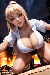 1girls ai_generated bending_down big_breasts blonde_female blonde_hair blue_eyes breasts city destruction female fire giantess golden_hair gts kusune_chi large_breasts light-skinned_female looking_at_viewer loving_gaze on_knees original