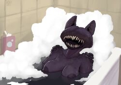 bath bathroom bathtub dark-skinned_female dark_skin eyeless humanoid keadonger medium_breasts monster nipples nude nude_female open_mouth percy_(pyr3) sharp_teeth water