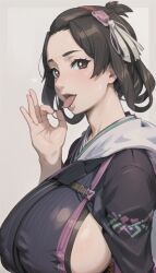 1girls ai_generated black_clothing brown_eyes close-up erect_nipples fellatio_gesture female_only gyakuten_saiban hair_ornament hair_rings huge_breasts nipples_visible_through_clothing open_mouth oral_invitation rtxon saliva short_hair short_ponytail sideboob susato_mikotoba the_great_ace_attorney tongue_out white_background