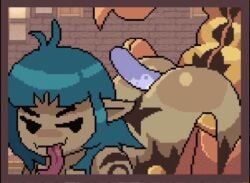 ahe_gao animated anthro ass big_butt_cheeks blue_hair buttjob covered_buttjob cum cum_in_hair cum_on_ass cum_on_body cum_on_head cumshot cute_fang game_cg huge_ass lilmoonie long_tongue looking_back looking_pleasured pixel_animation pixel_art princess_and_conquest scorpion scorpion_girl scorpion_tail smiling smug stinger tattoo tongue_out vashti_(princess_and_conquest)