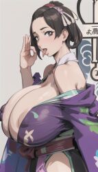 1girls ai_generated breasts_bigger_than_head brown_eyes cleavage close-up erect_nipples fellatio_gesture female_only gyakuten_saiban hair_ornament hair_rings huge_breasts kimono nipples_visible_through_clothing open_mouth oral_invitation purple_clothing rtxon saliva short_hair short_ponytail simple_background susato_mikotoba the_great_ace_attorney tongue_out