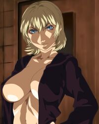 basement bible_black blonde_hair breasts female green_eyes highres jody_crowley large_breasts short_hair witch