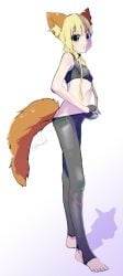 blonde_hair blue_eyes breasts clothed clothes clothes_lift clothes_pull female female_focus female_only fox fox_ears fox_girl fox_humanoid fox_tail foxgirl kemono_jihen kitsune kitsunemimi kon_(kemono_jihen) lifted_by_self looking_at_viewer solo solo_female solo_focus