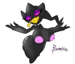 anthro banette big_breasts black_body breasts claws female generation_3_pokemon hi_res nintendo nipples nsfwtheodore open_mouth open_smile pokemon pokemon_(species) purple_eyes simple_background smile solo thick_thighs