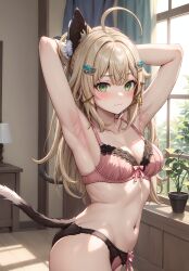 1girls ai_generated armpits big_breasts big_thighs blush breasts cat_ears cat_tail catgirl female genshin_impact green_eyes hands_behind_head huge_thighs kirara_(genshin_impact) large_thighs lingerie navel nude nude_female subaruarm thick_thighs thighs underwear voluptuous