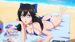 1girls ass bathing_suit beach bikini black_hair bleach blue_eyes breasts glasses lisa_yadomaru ribbon rozuberry yadoumaru_lisa