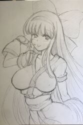 1girls ainu_clothes arm_behind_back arm_up big_breasts breasts busty c.r. cleavage female female_only finger_to_mouth fingerless_gloves gloves hair_ribbon highres large_breasts long_hair monochrome nakoruru naughty_face ribbon samurai_shodown sensual smile snk solo tongue tongue_out traditional_media traditional_media_(artwork) voluptuous