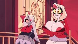 2girls accurate_art_style big_ass big_breasts boob_window breasts_bigger_than_head charlie_morningstar_(hazbin_hotel) clothed croc338 edit female female_only hazbin_hotel ki2023 multiple_girls nipples_visible_through_clothing no_bra no_underwear screencap screenshot_edit vaggie_(hazbin_hotel) vivienne_medrano vivziepop youtube