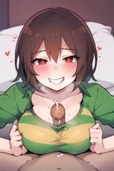 1boy 1girls 2d 2d_(artwork) 2d_artwork ai_generated big_breasts blush breasts brown_hair chara clothed_female_nude_male clothed_paizuri color cum_on_breasts cumshot female female_chara female_chara_(undertale) female_focus female_human first_person_view grin heart human human_female human_male male male_human male_pov paizuri penis pixai pov pov_eye_contact red_eyes short_hair smile smiling_at_viewer undertale undertale_(series)