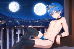 ai_generated balcony blue_eyes blue_hair bulge choker city cityscape femboy girly moon night novelai sitting smile smiling stockings thong tiara topless