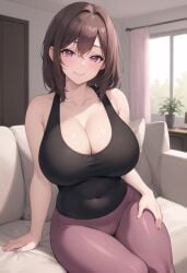 1girls ai_generated breasts brown_hair cleavage female hips huge_breasts indoors light-skinned_female light_skin mature_female milf mommy original original_character short_hair smile stable_diffusion stuffyai tank_top thick_thighs thighs tight_clothing wide_hips yoga_pants