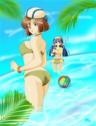 2girls ainu_clothes asamiya_rin ass ball beach beachball big_ass big_breasts bikini blue_eyes breasts brown_eyes brown_hair busty female female_only fingerless_gloves gloves green_bikini hair_ribbon highres large_breasts legs long_hair looking_at_viewer looking_back manari multiple_girls nakoruru navel ocean purple_hair ribbon samurai_shodown sideboob small_breasts snk swimsuit thighs water yellow_bikini