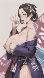 1girls ai_generated belt breasts_bigger_than_head breasts_out brown_eyes cleavage close-up erect_nipples exposed_breasts fellatio_gesture female_only grabbing_own_breast gyakuten_saiban hair_ornament hair_rings huge_breasts kimono nipples nipples_visible_through_clothing open_mouth oral_invitation purple_clothing rtxon saliva short_hair short_ponytail simple_background smug susato_mikotoba the_great_ace_attorney tongue_out