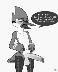 anthro avian avioylin balls beak bird blue_jay blush cartoon_network corvid erection foreskin genitals greyscale hi_res humanoid_genitalia humanoid_penis jay_(bird) long_penis male male_only monochrome mordecai_(regular_show) new_world_jay non-mammal_balls nude open_mouth oscine passerine penis regular_show shy simple_background slur solo solo_male speech_bubble standing tongue