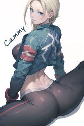 1girls ai_generated ass ass_focus big_thighs blonde_female blonde_hair blue_eyes breasts cammy_white cropped_jacket female female_focus gloves jacket leather_jacket light-skinned_female light_skin solo stable_diffusion street_fighter stretching stretching_legs