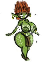 big_breasts breasts brown_hair female goblin goblin_female green_body hair hi_res humanoid markings nipple_piercing nipples nsfwtheodore piercing simple_background solo thick_thighs tribal tribal_markings