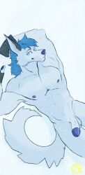 abs anthro arctic_fox blue_eyes canid canine digital_media_(artwork) fox genitals hi_res kaichitsumon male male_only mammal nude pecs penis solo solo_male tail