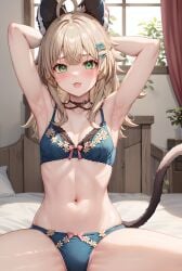 1girls ai_generated armpits big_thighs blush breasts cat_ears cat_tail catgirl female genshin_impact green_eyes hands_behind_head huge_thighs kirara_(genshin_impact) large_thighs lingerie navel nude nude_female subaruarm thick_thighs thighs underwear voluptuous