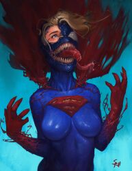 2021 artist_signature blonde_hair blue_background blue_eyes claws corruption dark_persona dc enemy_conversion female identity_death kara_zor-el large_ass large_breasts marvel mid-transformation spider-man_(series) supergirl superman_(series) symbfan80 symbiosis symbiote thick_thighs tongue transformation venom venom_(marvel) wide_hips