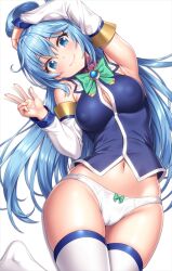 1girls aqua_(konosuba) aqua_eyes bare_shoulders big_breasts blue_hair cameltoe erect_nipples_under_clothes female_only kono_subarashii_sekai_ni_shukufuku_wo! lambda_(kusowarota) long_hair looking_at_viewer smile white_legwear