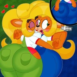 1:1 2021 2girls 3barts activision anthro ass ass_grab big_ass big_breasts big_butt blonde_hair blush bubble_butt coco_bandicoot crash_(series) dialogue fake_coco female female_only furry green_eyes hugging lipstick sweat text text_bubble