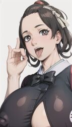 1girls ai_generated black_clothing bowtie brown_eyes close-up erect_nipples fellatio_gesture female_only gyakuten_saiban hair_ornament hair_rings huge_breasts nipples_visible_through_clothing open_mouth oral_invitation rtxon saliva short_hair short_ponytail susato_mikotoba the_great_ace_attorney tongue_out white_background