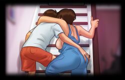 1boy 1girls 2d arm_behind_head arms_behind_back arms_behind_head ass_grab back_view black_border bottomwear breasts breasts_out brown_hair brown_hair clothed clothing clothing_aside darkcookie diane_(summertime_saga) digital_drawing_(artwork) digital_media_(artwork) drunk duo ear_piercing earrings female flashing flashing_breasts house light-skinned_female light-skinned_male light_skin looking_at_partner main_character_(summertime_saga) male male/female no_bra overalls pants piercing piercings shirt shorts sideboob staircase stairs standing summertime_saga topwear viewed_from_behind