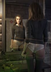 1girls 3d actress ass background bathroom breasts brown_hair celebrity clothed clothed_female clothing emma_watson fantasy female female_only grey_clothing grey_socks gryffindor hair harry_potter hermione_granger holding_object holding_wand holding_weapon indoors lace lace-trimmed_panties light-skinned_female light_skin lingerie lipstick lipstick_mark long_hair long_sleeves looking_at_mirror looking_at_self magic magic_user mirror mirror_reflection mostly_clothed necktie panties partially_clothed patreon ranged_weapon rear_view reflection reptide scarf scarf_removed school_uniform schoolgirl see-through see-through_clothing shirt signature sleeves socks solo standing stockings student thigh_socks thighhighs thighs underwear uniform url wand weapon white_panties white_underwear witch