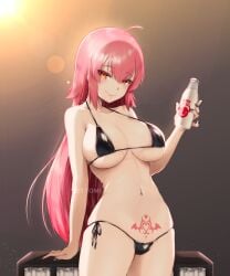 1girls absurdres ahoge artist_name bikini blush bottle breasts commentary english_commentary female female_only hair_between_eyes highres holding large_breasts long_hair looking_at_viewer milk milk_bottle navel original pink_hair pubic_tattoo smile svet_yomi swimsuit tattoo watermark yellow_eyes