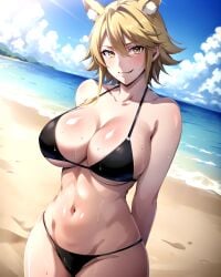 1girls ai_generated akame_ga_kill! animal_ears curvy_body curvy_female erect_nipples hi_res huge_breasts leone_(akame_ga_kill!) nipple_bulge short_hair stable_diffusion voluptuous voluptuous_female yellow_hair