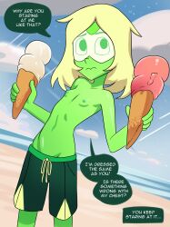 athletic_female beach cartoon_network casual_topless cute flat_chest gem_(species) graves_(artist) green_eyes green_skin ice_cream male_swimwear_challenge nipples partially_clothed peridot_(steven_universe) short_hair skinny steven_universe topless uncomfortable