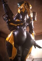 3d 3d_(artwork) armor ass big_ass breasts dat_ass female_spartan_(halo) halo_(series) helmet hips holding_weapon huge_ass large_ass perfect_body presenting skin_tight spartan_(halo) thick_thighs thighs wide_hips wotm8h8 wottyarts