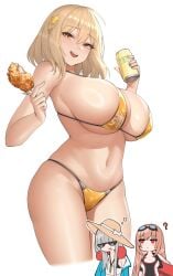 3girls ? absurdres ahoge anis_(nikke) bare_shoulders bikini black_one-piece_swimsuit blonde_hair blush_stickers breasts can cat_hair_ornament clothes_writing cropped_legs food fried_chicken frima_(nikke) frima_(sea_of_sloth)_(nikke) goddess_of_victory:_nikke goggles goggles_on_head hair_ornament hat highres holding holding_can holding_food huge_breasts jacket kuronerinka light_brown_hair looking_at_viewer micro_bikini multiple_girls one-piece_swimsuit open_clothes open_jacket open_mouth rapi_(classic_vacation)_(nikke) rapi_(nikke) red_eyes simple_background smile string_bikini sun_hat swimsuit teeth thighs underboob white_background