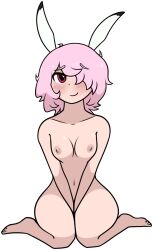 alternate_body_size alternate_body_type blush kneeling lonely_wolf_treat mochi_(lonely_wolf_treat) naked naked_female no_sex nude nude_female pink_hair rabbit_ears red_eyes tagme