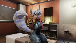 16:9 1girls 3d anthro bathroom blue_eyes bodysuit female female_only furry indoors insomniac_games lamp lombax_(ratchet_and_clank) mechanical_arm png ratchet_and_clank ratchet_and_clank:_rift_apart rivet_(ratchet_and_clank) scarf sink sitting soap_bottle solo tail