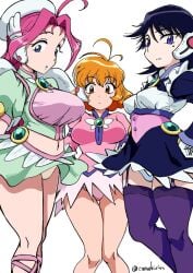 3girls big_breasts black_eyebrows black_hair blue_eyes blue_panties breasts camekirin corrector_yui eyebrows_visible_through_hair hat kasuga_yui kisaragi_haruna long_hair looking_at_viewer medium_breasts miniskirt mole mole_under_eye multiple_girls navel orange_eyebrows orange_eyes orange_hair panties pink_eyebrows pink_hair pink_panties purple_eyes shinozaki_ai short_hair simple_background skirt thick_thighs thighs white_background white_panties