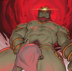 1boy 1male abs bara beard biceps big_bulge bulge facial_hair flaccid ganondorf gay gerudo hairy hi_res highres huge_bulge looking_at_viewer male male_focus male_only male_pubic_hair muscular muscular_male nintendo nipples nude solo solo_male the_legend_of_zelda whyhelbram