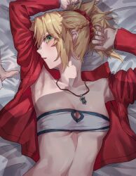 1boy 1girls armpits arms_up bandeau bed blonde_hair blush boy_on_top breasts cleavage clothing_cutout fate/apocrypha fate/grand_order fate_(series) fujimaru_ritsuka_(male) green_eyes jacket jewelry lying mordred_(fate) necklace on_back on_bed open_clothes open_jacket ponytail pov shadow small_breasts solo_focus straight tesin_(7aehyun) tubetop