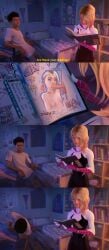 1boy 1girls 3d accurate_art_style bed bedroom blonde_hair blowjob blowjob_face breasts canonical_scene censored dark-skinned_male dark_skin drawing embarrassed erection fellatio female funny gwen_art_check gwen_stacy marvel marvel_comics meme miles_morales nipples oral penis sketch smile spider-man:_into_the_spider-verse spider-man_(series)