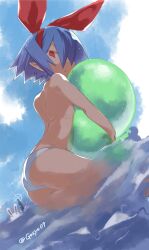 ass beach_ball bikini bikini_bottom bikini_top breasts covering_breasts disgaea nippon_ichi_software ocean pleinair small_breasts topless topless_female wardrobe_malfunction yugami_gooshu