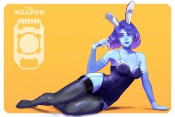 1girls 2d 2d_(artwork) blue_eyes blue_hair breasts bunny_ears bunnysuit halo_(series) hips jafet_meza medium_breasts medium_hair nipples text the_weapon_(halo_infinite) thick_thighs thighhighs thighs