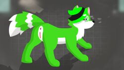 anus ass black_hair black_nose canid canine chest_tuft dynaze female fluffy fluffy_tail fox fur genitals green green_body green_eyes green_fur green_hair green_tail hair hi_res invalid_background looking_back mammal presenting presenting_hindquarters pussy semi-anthro snout solo tail tuft white_body white_fur