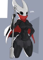 anthro arthropod arthropod_abdomen artlegionary athletic_female big_breasts black_body black_eyes breasts cape cape_only clothing female genitals hand_on_hip hollow_knight hornet_(hollow_knight) insect insect_girl insects mostly_nude non-mammal_breasts nude pussy solo team_cherry wide_hips