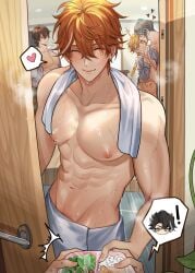 4boys abs aether_(genshin_impact) ahoge alhaitham_(genshin_impact) bento bento_box childe_(genshin_impact) gay genshin_impact giving_food human human_only kissing muscular_male pnk_crow steaming_body sweating tartaglia_(genshin_impact) towel_only wriothesley_(genshin_impact) yaoi zhongli_(genshin_impact)