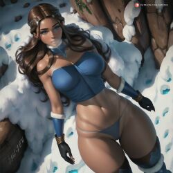 1girls ai_generated avatar_legends avatar_the_last_airbender dark-skinned_female female female_only g-string gloves hourglass_figure human katara skizzen solo thick_thighs water_tribe