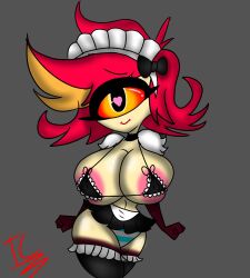 1_eye big_breasts breasts clothed clothing cyclops demon demon_humanoid female hair hazbin_hotel hi_res humanoid maid_uniform niffty nipples nsfwtheodore partially_clothed red_hair simple_background smile solo thick_thighs uniform white_body