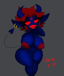 anthro big_breasts blue_body breasts demon demon_humanoid fan_character fangs female hair hi_res horn humanoid nipples nsfwtheodore nude open_mouth open_smile pentagram red_eyes red_hair simple_background smile solo tail teeth thick_thighs